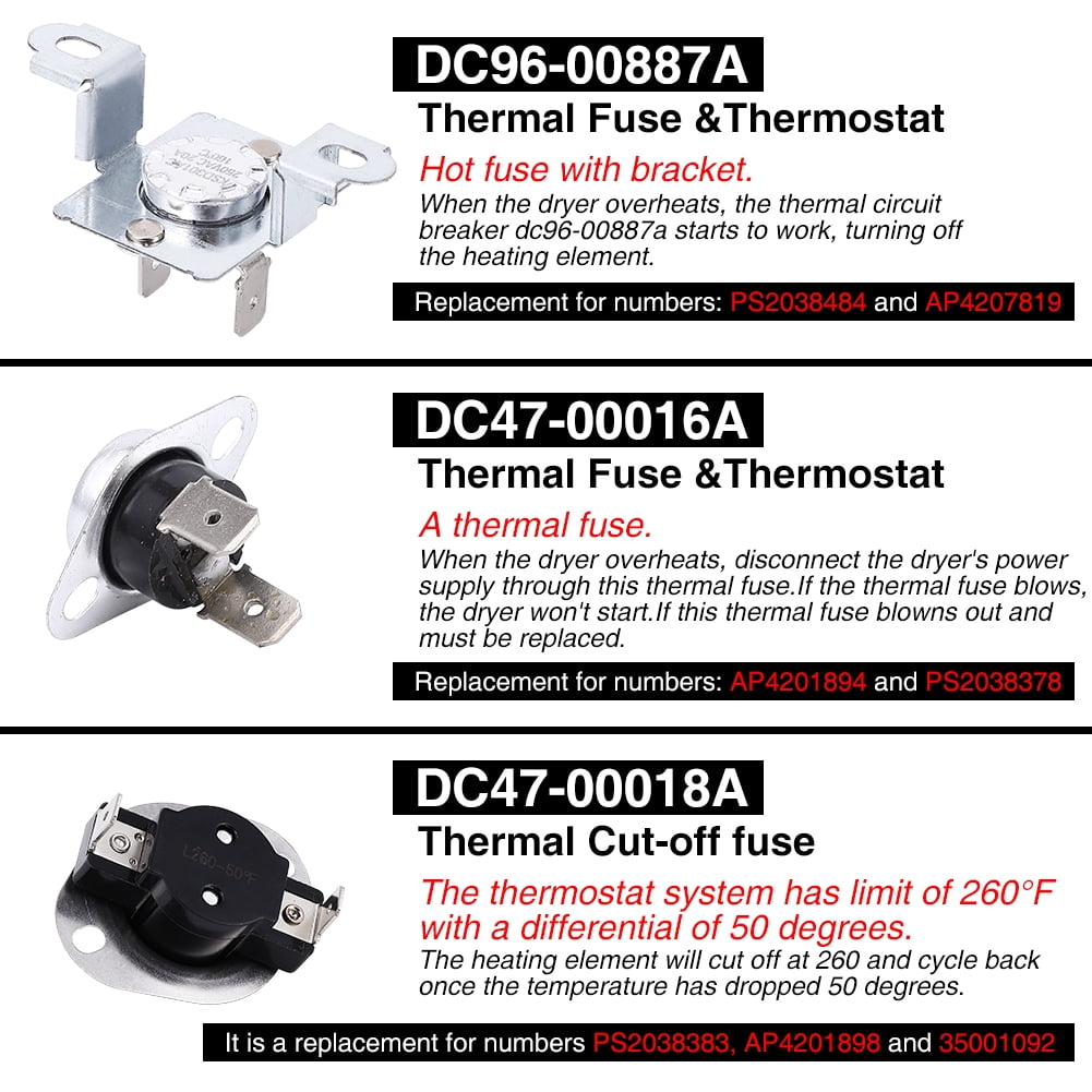 Dryer Heating Element DC47-00019A, DC96-00887A and DC47-00016A Thermal Fuse + Thermostat DC47-00018A,Compatible for Samsung, Dryer Repair Kit Replacement