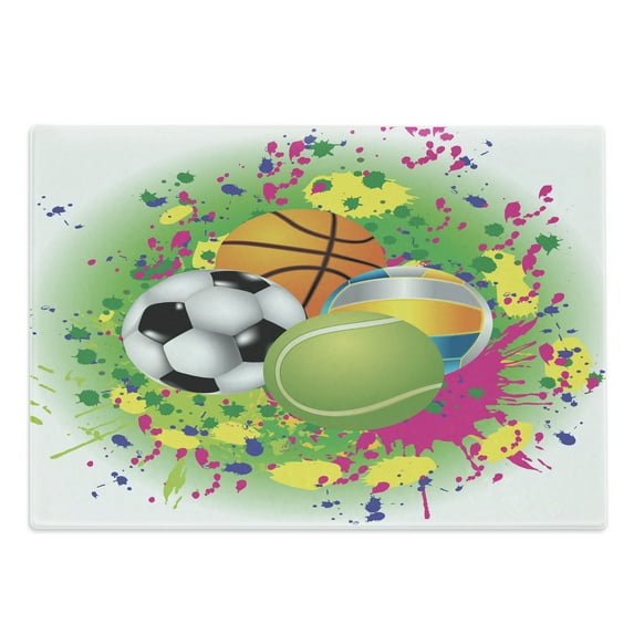 Sports Cutting Board, Pattern of Sports Balls on Watercolors Splash Vibrant Art Graphic Playroom, Decorative Tempered Glass Cutting and Serving Board, Large Size, Multicolor, by Ambesonne
