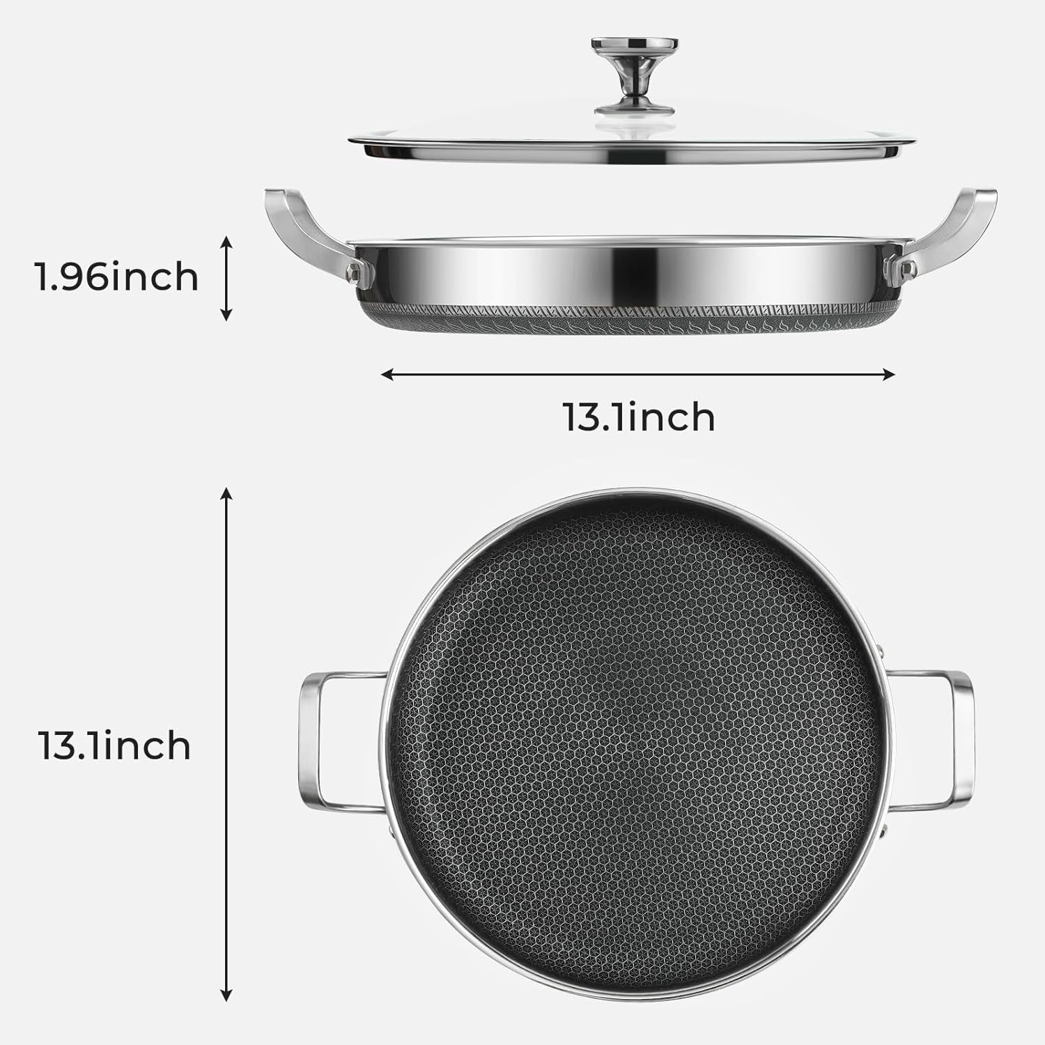 13 Inch Stainless Steel Frying Pan with Lid, Non Stick Cookware for All Stovetops
