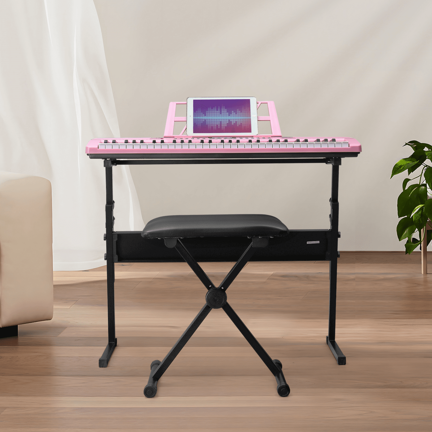 Hassch 61 Key Keyboard Piano with Stand and Bench, Built-In Speakers, Headphone, Microphone, Music Rest, LED Screen, 3 Teaching Modes for Beginners Starters, Pink
