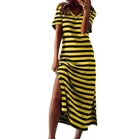 

Casual Tshirt Dresses for Women Striped V Neck Maxi Dress Short Sleeve Side Slit Relaxed Fit Comfortable Pajama Dress