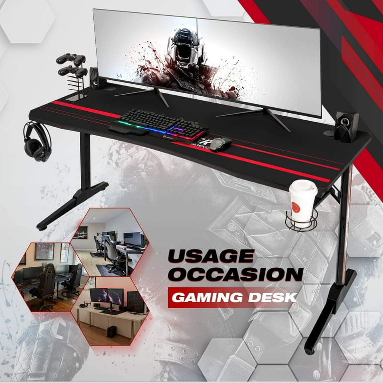 Homall 55 Inch T Shaped Legs Computer Gaming Desk Carbon Fiber Surface Gaming Desk With Cup Holder Headphone Hook