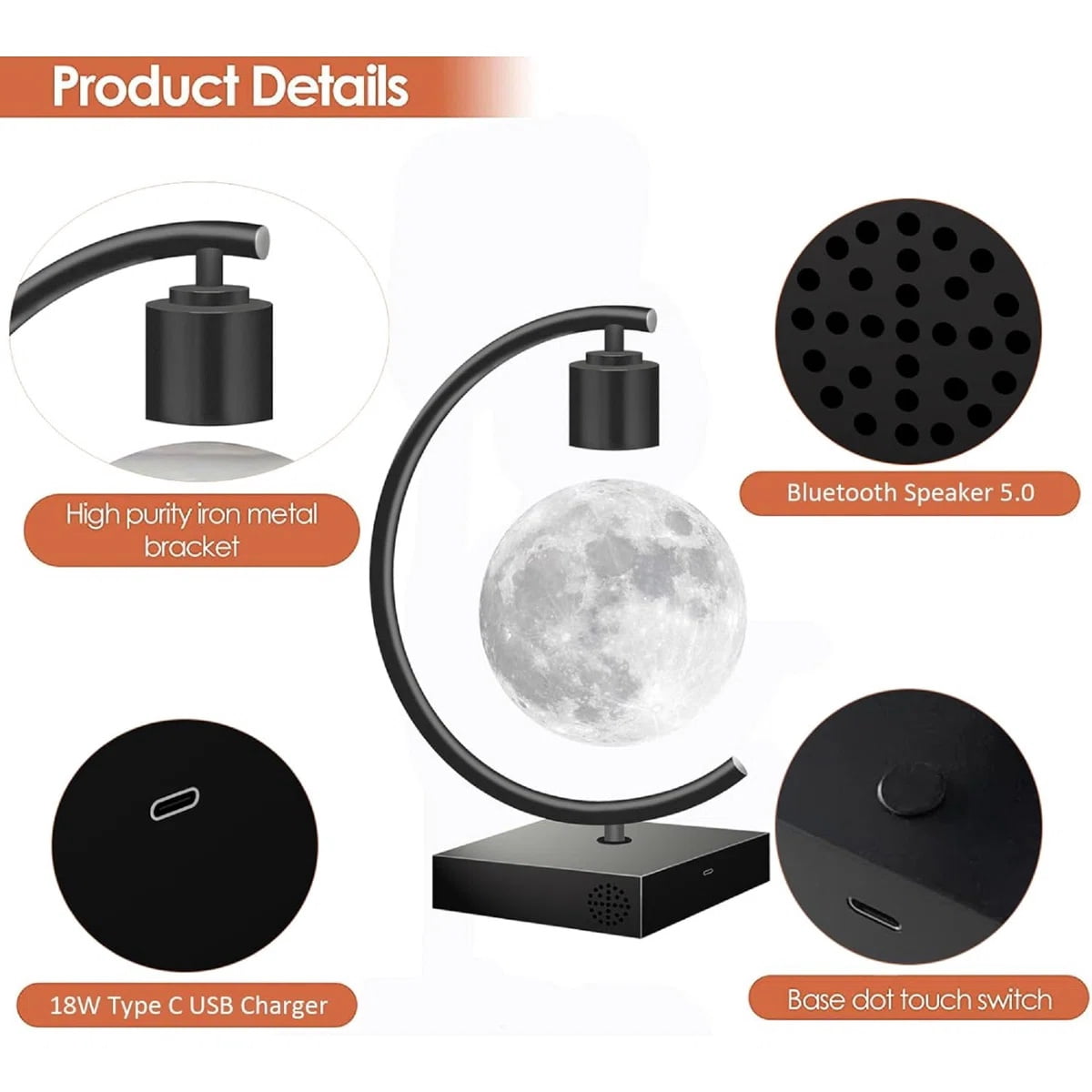 Magnetic Levitating Moon Desk Lamp with Bluetooth Speaker, 3-Color Light, Home Office Decor & Unique Gift