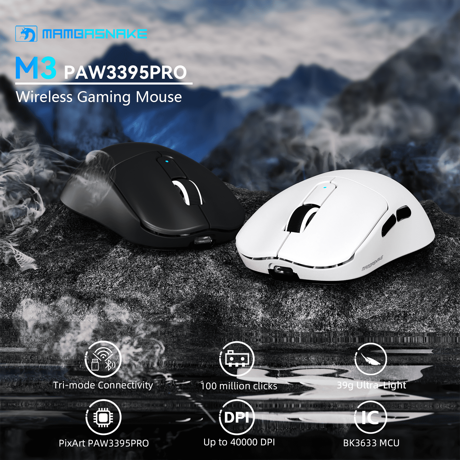MAMBASNAKE M3 39g SUPERLIGHT Mouse, PixArt PAW3395PRO Gaming Sensor, BT/2.4G Wireless/Wired Gaming Mouse, 6 Adjustable DPI up to 40000, 200 Hrs Battery, Office Mice for Win11/Xbox/PS/Mac - White