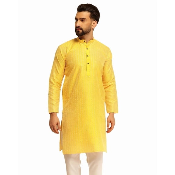 Sojanya (Since 1958) Men'S Silk Blend Yellow Long Kurta With Contrast White Thread Detailing