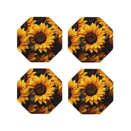

Vsdgher Vibrant Sunflower Blooms Leather Coasters for Drinks Durable Drink Coasters 4 Set for Tabletop Protection Luxurious Home Décor and Housewarming Gift-Octagon