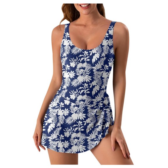 WAYUTE Womens One Piece Swimsuits Floral Print Suspender Adjustable Belly Covering Swimdress Tummy Control Elegant Bathing Suit