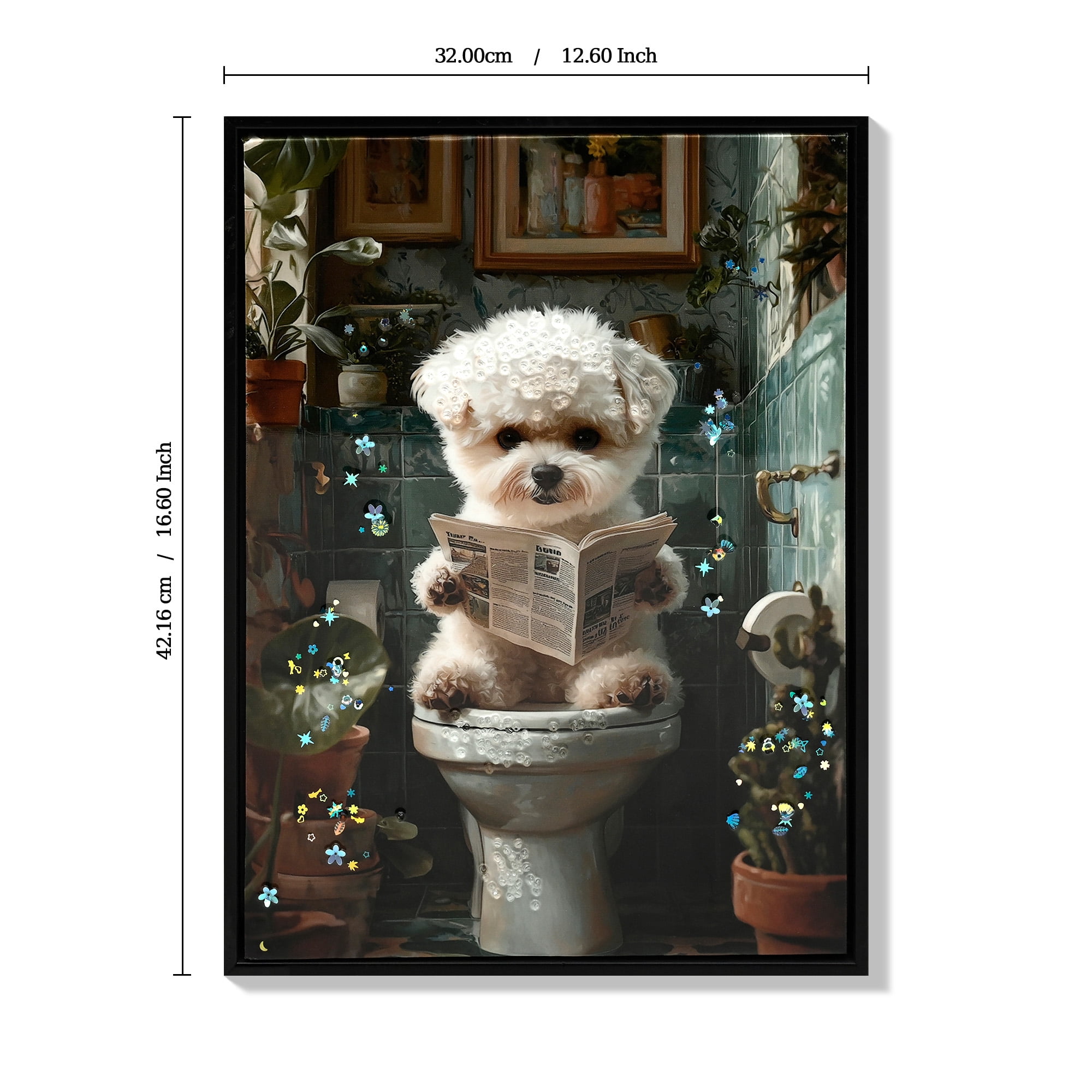MOONMISS 12x16in Funny Puppy Canvas Print – Framed 3D Bathroom Wall Art,Cute Dog Picture,Ready to Hang Home Decor