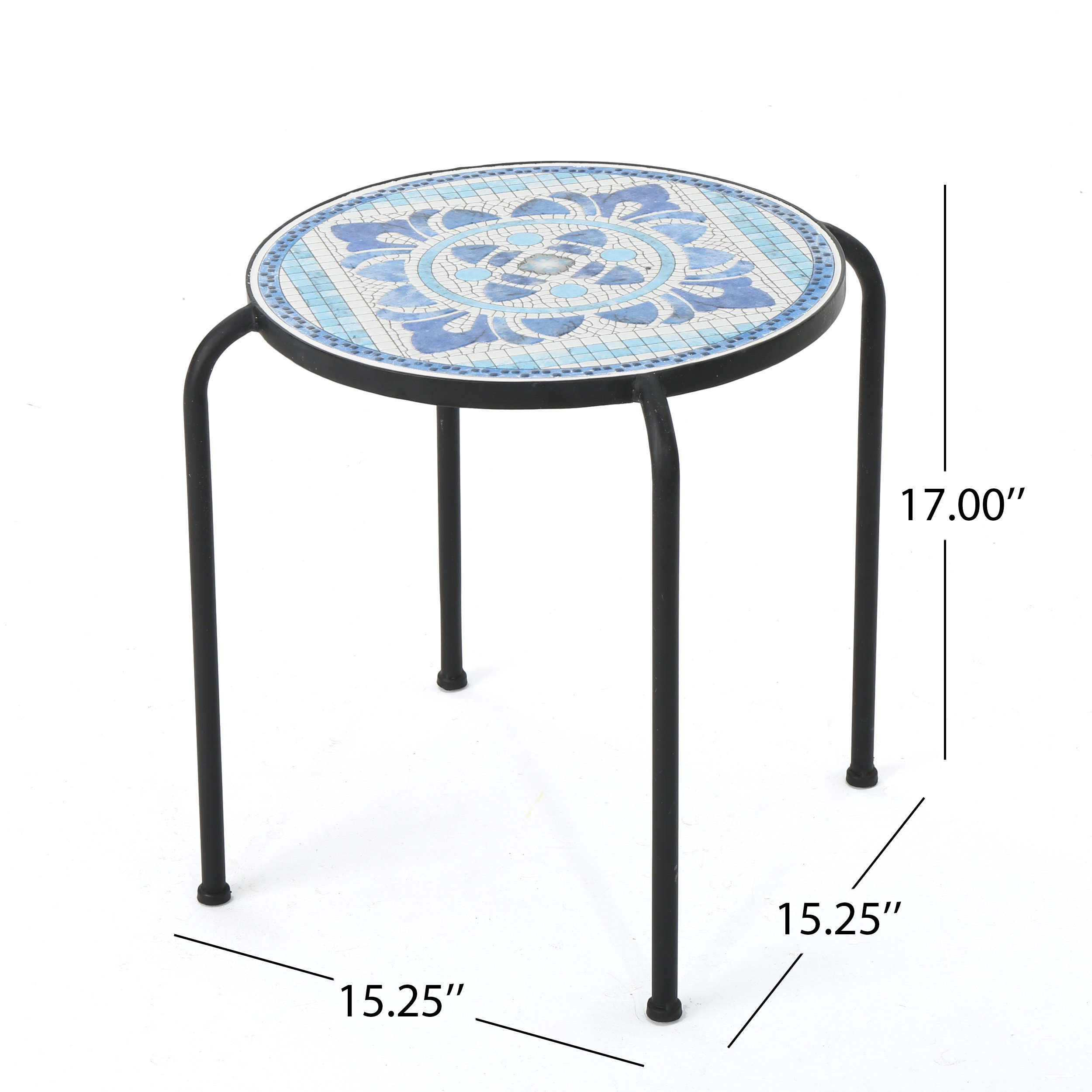 Sindarin Outdoor Ceramic Tile Round Side Table, Blue and White - image 3 of 5