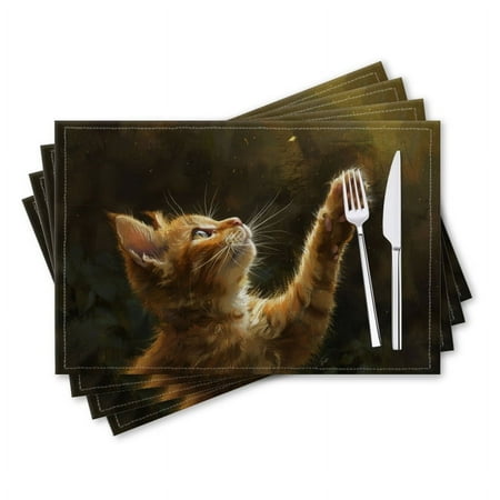 

BaHomeck placemats Set of 4 rectangle Linen Cotton Placemats for Dining Table Washable Heat Resistant 18*12inch Cute Cat Reaching Up Paws With The Sunlight Shines