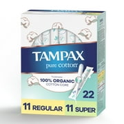 Tampax Pure Cotton Tampons, Duo Pack Regular/Super Absorbency, Containing a 100% Organic Cotton Core, 22 Ct