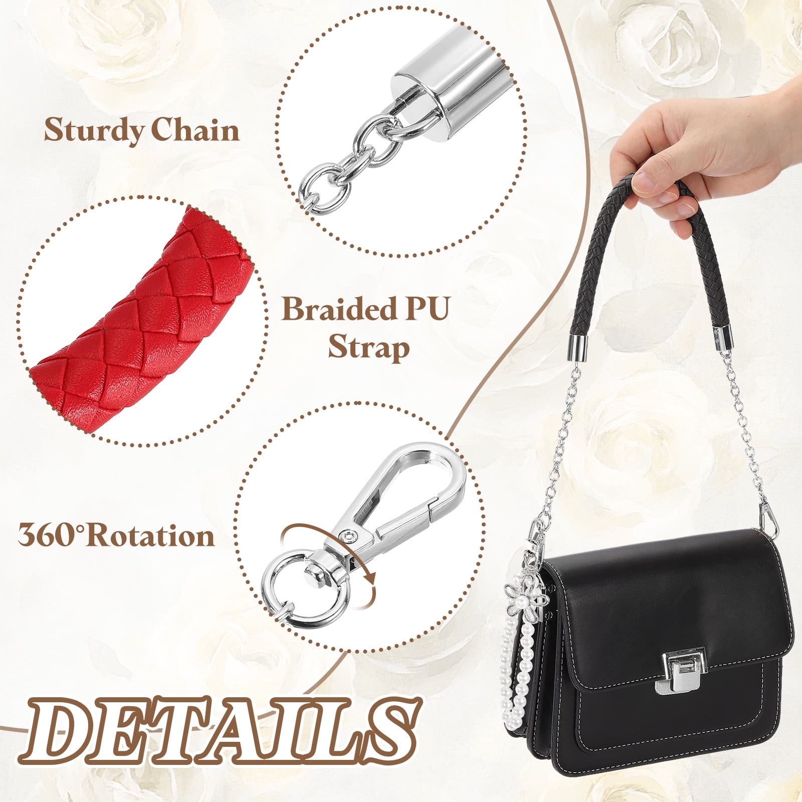 Uxcell 2 Pcs PU Leather Chain Purse Strap, 23.6 Inch Braided Purse Handles Replacement Strap with Pearl Pendant for Tote Bag Handbag Underarm Bag (Red, Silver Chain)