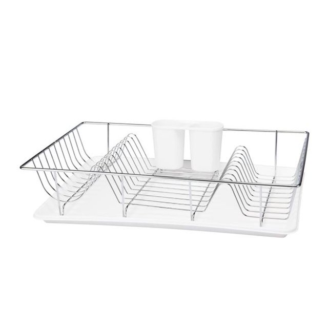 Kitchen Details 4685-WHITE Chrome Dish Rack with Tray, White - 3 Piece