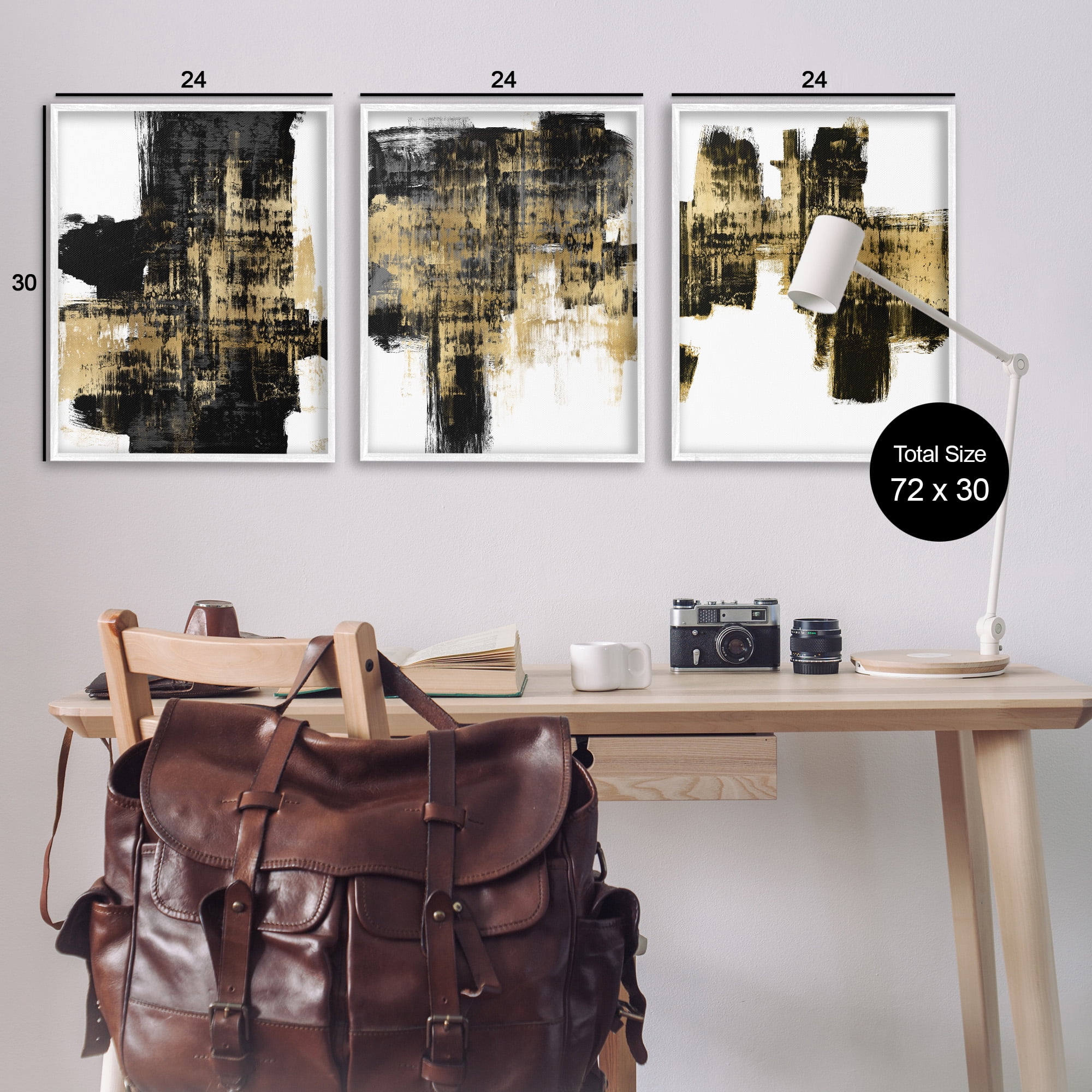Stupell Industries Bold Black Brushstrokes with Gold Abstract Painting White Framed Art Print Wall Art, 24 x 30, Set of 3