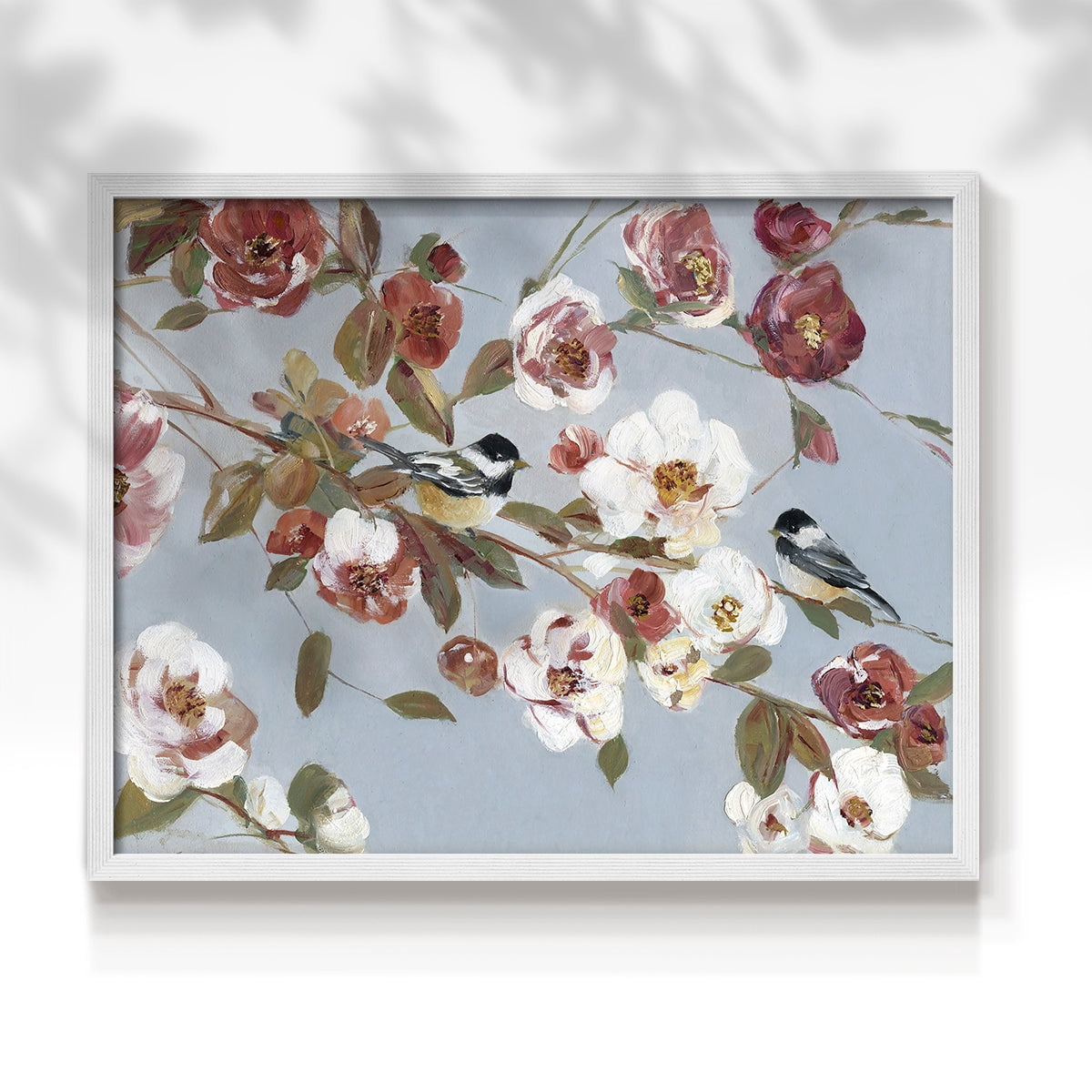 Chickadees and Blossoms II by Sally Swatland - Restickable Framed Giclée Print