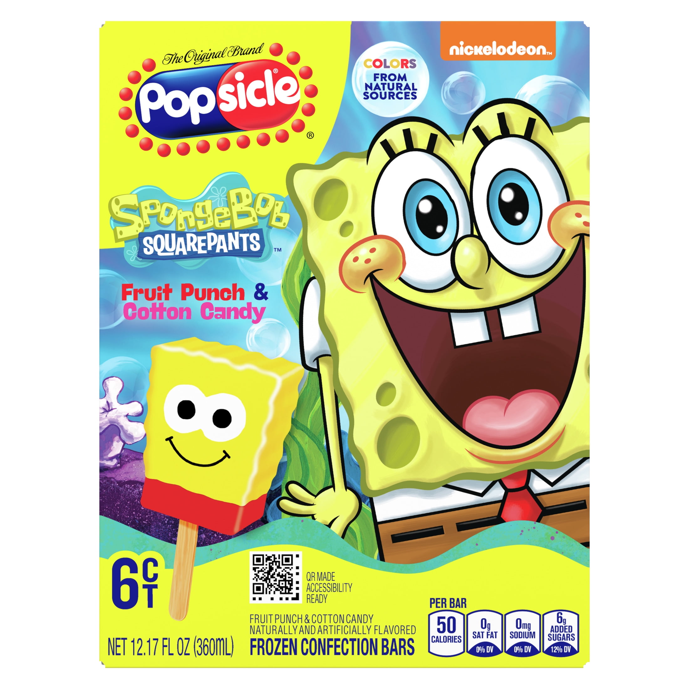Popsicle SpongeBob SquarePants Fruit Punch and Cotton Candy Colors from Natural Sources Frozen Dessert Bars, 6 Count
