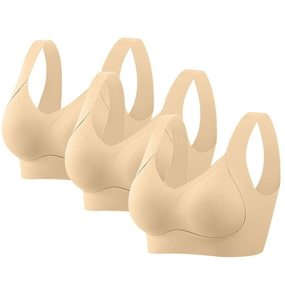 Fatuov Plus Size Bras for Women Wireless Seamless Full Coverage Breathable Everyday Bras for Casual Push Up T-Shirt Bras, 3-Pack, Beige, 42C