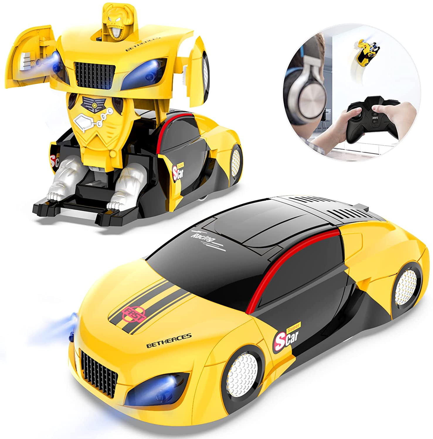Allaugh Wall Climbing Remote Control Car, Transform Robot RC Cars for Kids Dual Mode 360° Rotating Stunt Racing Car