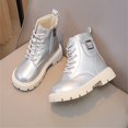 thumbnail image 2 of Viluyesy Girls Combat Ankle Boots, Faux Leather, Lace Up, Side Zipper, Buckle Strap Accent, Rugged Chunky Lug Sole Silver Size 1.5 Big Kids, 2 of 7
