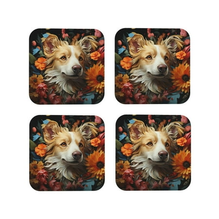 

Drink Coasters Set of 4 Vintage Colorful Flower Puppy Leather Coasters for Coffee Table Protector Heat Resistant Cute Coasters for Home Decor Housewarming Gifts Bar Kitchen 4 Inch Square