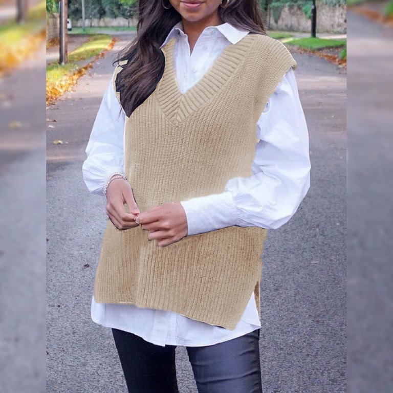 PERZOE Sweater Vest Women Sweater Vest Solid Color Loose V Neck Sleeveless  Waistcoat Autumn Winter Split Knitting Vest Top Streetwear 