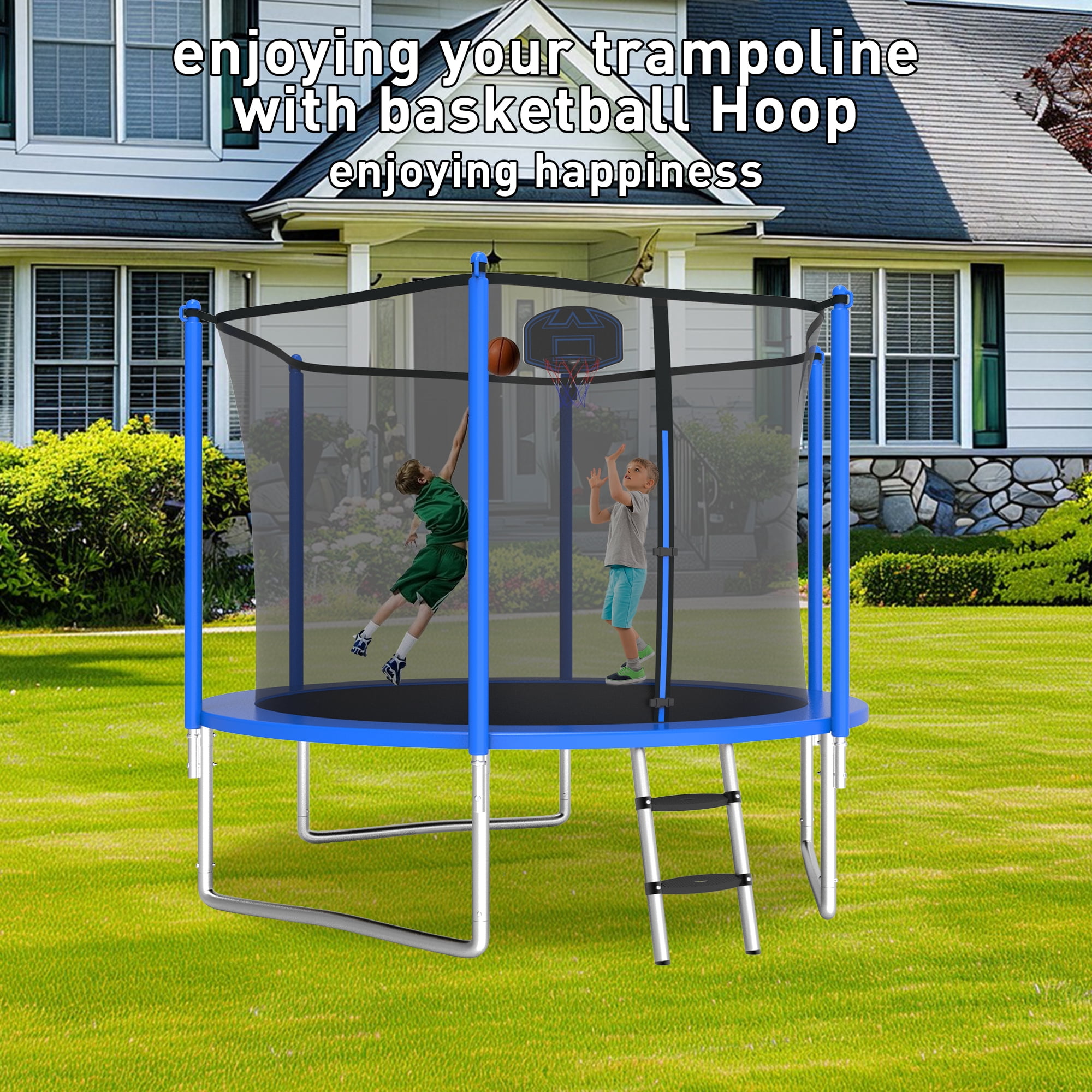 XMIKA Trampolines for Kids, 10FT 14FT 16FT Outdoor Trampolines with Safety Enclosure Net, Basketball Hoop, Ladder, 1000LBS Round Heavy Duty Recreational Backyard Trampoline for Adults, Anti-Rust
