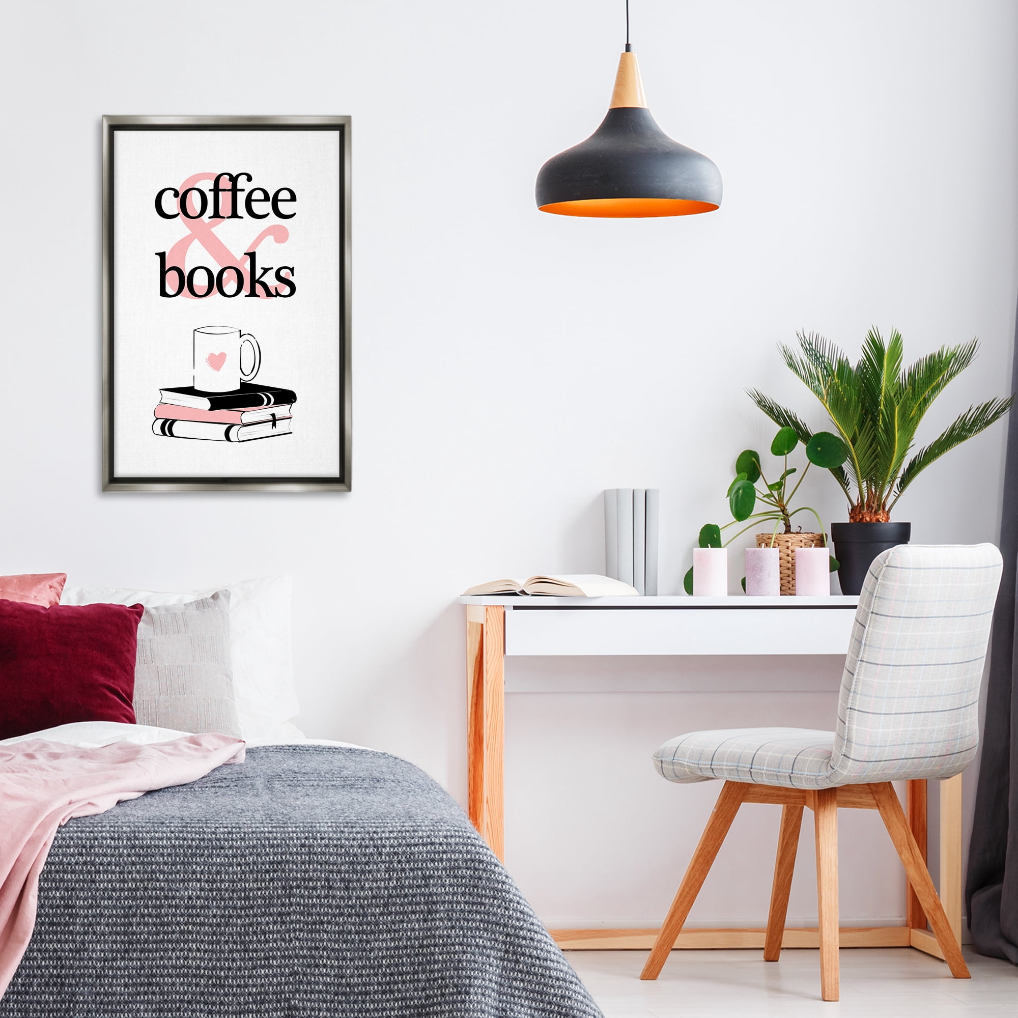 Stupell Industries Coffee & Books Phrase Typography Painting Gray Floater Framed Art Print Wall Art, 21 x 31