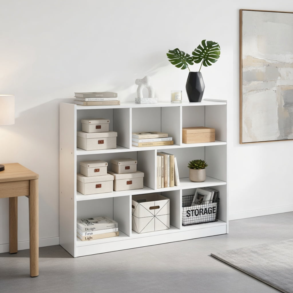 Demi Bonn 3-Tier Open Bookcase, 8-Cube Floor Standing Storage Shelves Display Cabinet, Free-standing Bookshelf, White