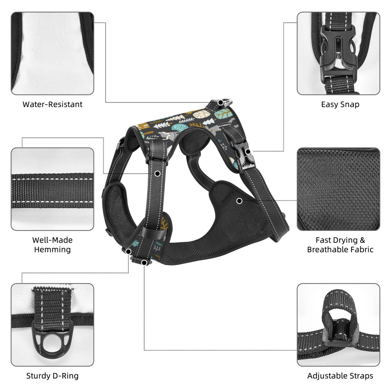 Vsdgher Moose Squirrel owls tree Dog Harness, No-Pull Pet Harness, Dog Vest, Pet Vest for Small to Large Dogs-Medium