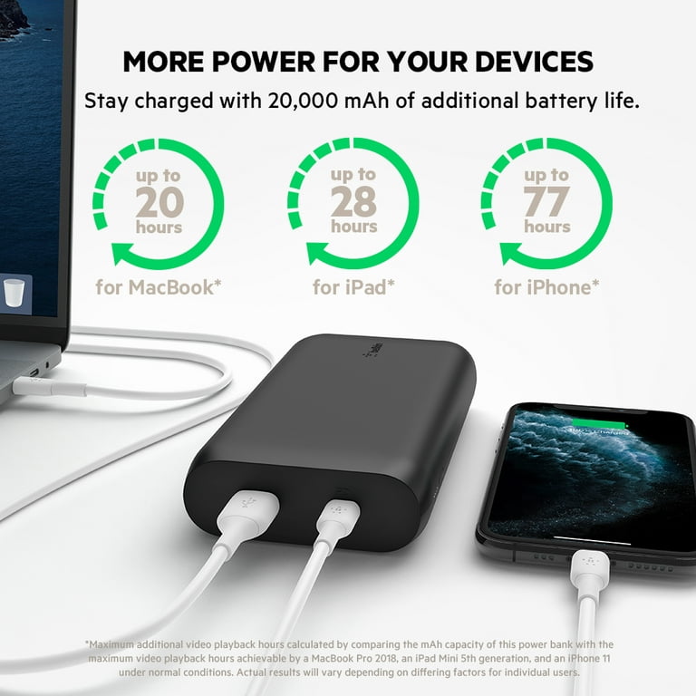 Belkin BoostCharge USB-C PD 20k MAh Power Bank, Portable iPhone Charger,  Battery Charger for iPhone 14, 13, 12, iPad Pro, Galaxy S23, S23 Ultra,  S23+