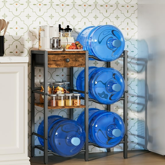 HOOBRO 5 Gallon Water Jug Holder, 4 Water Bottle Holder Slots with 2-Layer Storage Shelves, Water Jug Stand with Drawer, Water Bottle Organizer, for Home, Office, Rustic Brown and Black BF06ST01