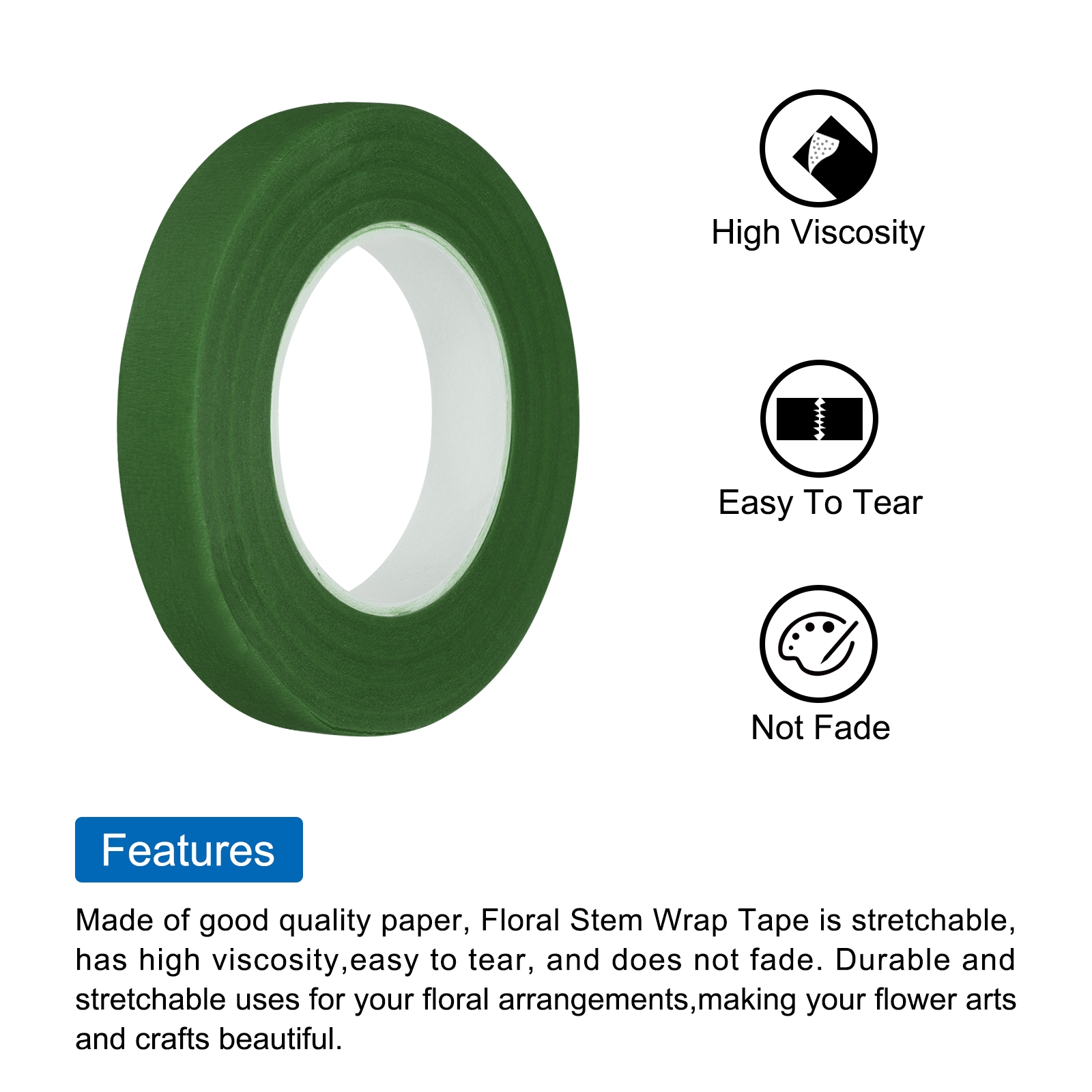 Uxcell Floral Stem Wrap Tape Floral Tape for Bouquet Crafts Wedding Arrangement Pack of 12,Green