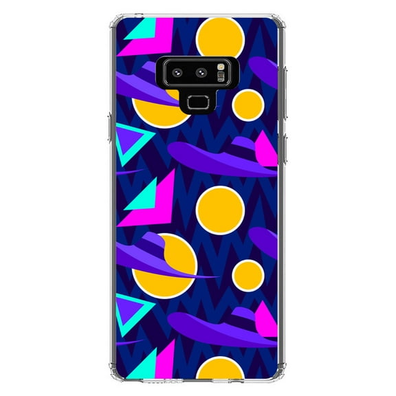 DistinctInk Clear Shockproof Hybrid Case for Samsung Galaxy Note 9 - TPU Bumper, Acrylic Back, Tempered Glass Screen Protector - Pink Purple Yellow 90s Pattern - Relive the 90's
