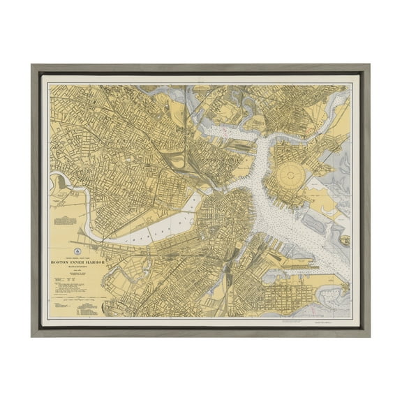 Kate and Laurel Sylvie Boston Harbor Map Framed Canvas Wall Art by Corinna Buchholz of Piddix 18x24 Gray Decorative Map Art for Wall
