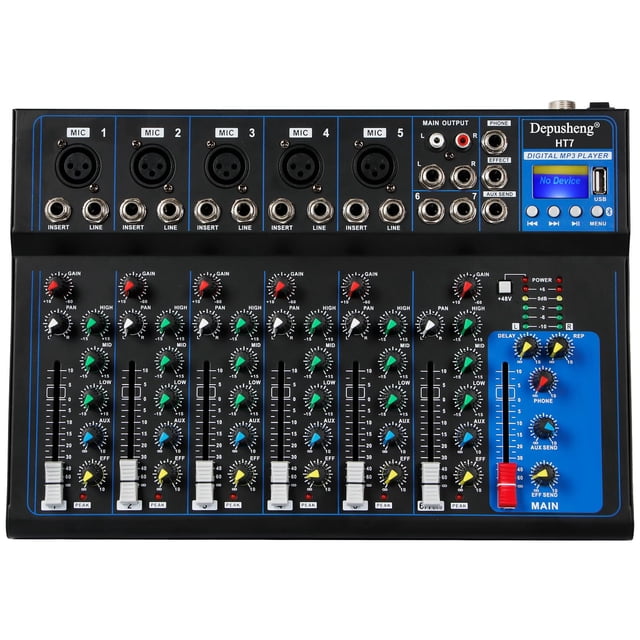 Depusheng HT7 Bluetooth Portable Audio Mixer w/USB DJ Sound Mixing Console MP3 Jack 48V Power for Computer Recording, 7-Channel Bands Mixing Boards For Studio Recording