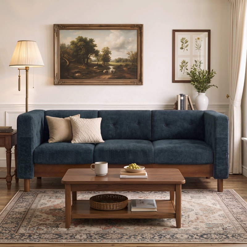 78" Modern Upholstered 3-Seater Sofa with Solid Wood Legs, Chenille Soft Couch with Square Arms & Tufted Pillow Back