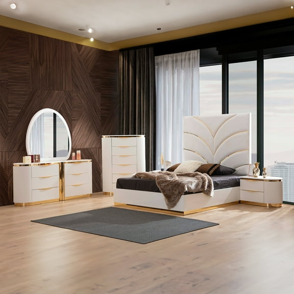 Laura Gold Detailed Upholstery King 5-N Pc made with Wood in White
