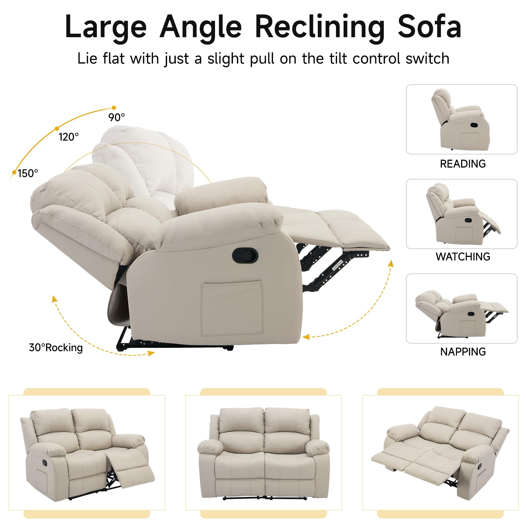 Comfortable Dual Reclining Leather Loveseat – Perfect for Couples, Ideal for Living Room & Home Theater (Beige)