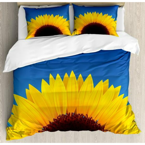Yellow And Blue Queen Size Duvet Cover Set Sunflower With Summer Sky Agriculture Themed Digital Design Decorative 3 Piece Bedding 2 Pillow