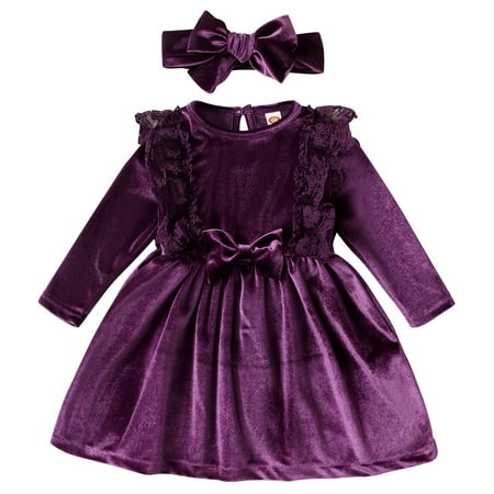 

IDOPIP Baby Girls Toddler Velvet Dress Ruffle Long Sleeve Princess Pageant Birthday Party Dresses Headband 2PCS Winter Fall Dress Clothes Infant Playwear Gown Outfits 6-9 Months Dark Purple