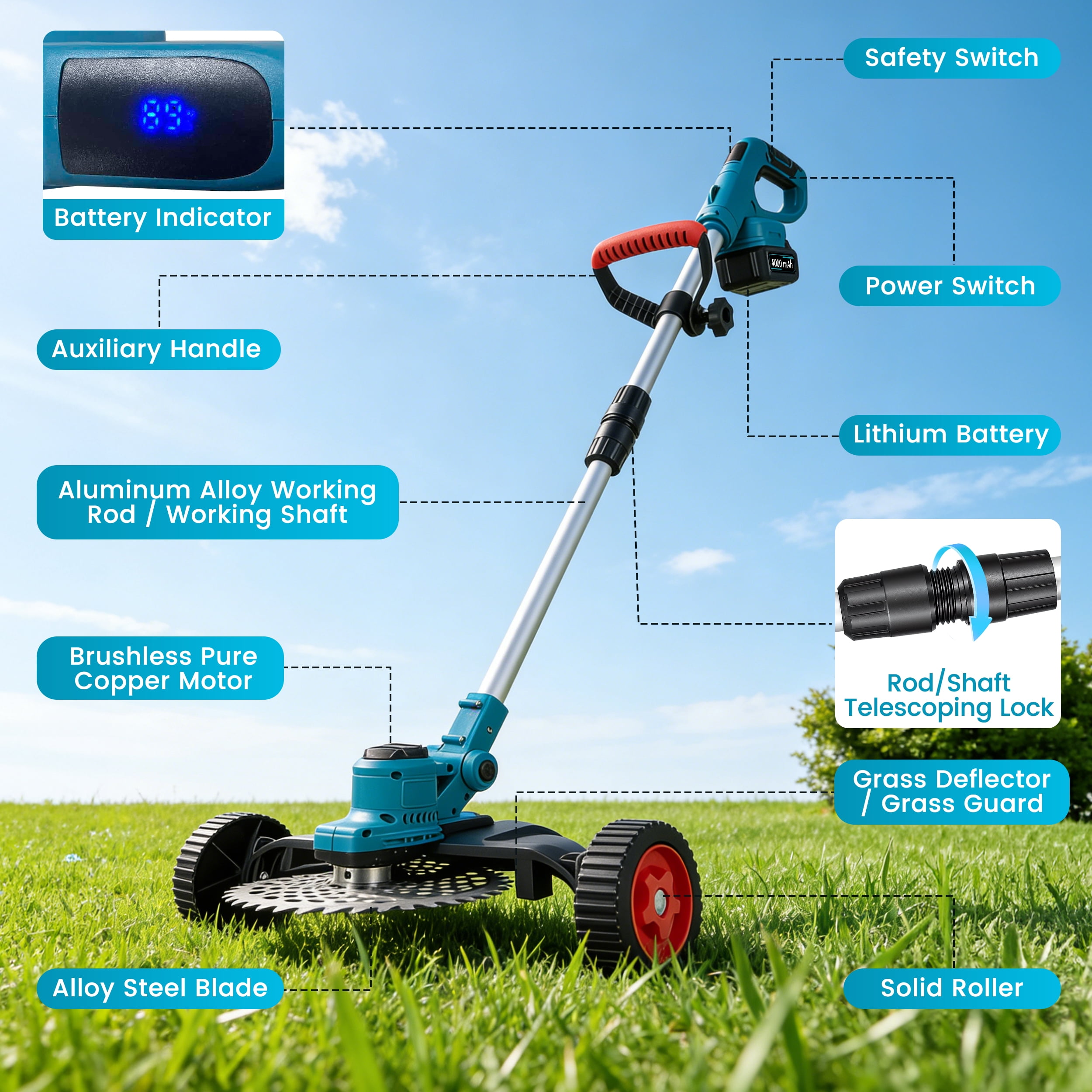 RELOIVE Brushless Weed Eater Cordless with Wheels, 950W 21000RPM Weed Wacker with 2 x 4.0Ah Batteries, 4-in-1 Foldable Electric String Trimmer & Edger for Lawn, Garden, Brush Cutting