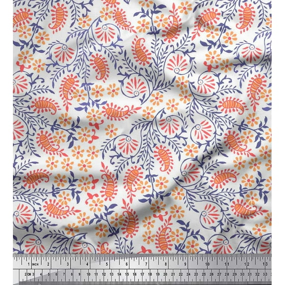 Soimoi Cotton Poplin Fabric Leaves,Floral & Paisley Block Print Sewing Fabric Yard 42 Inch Wide