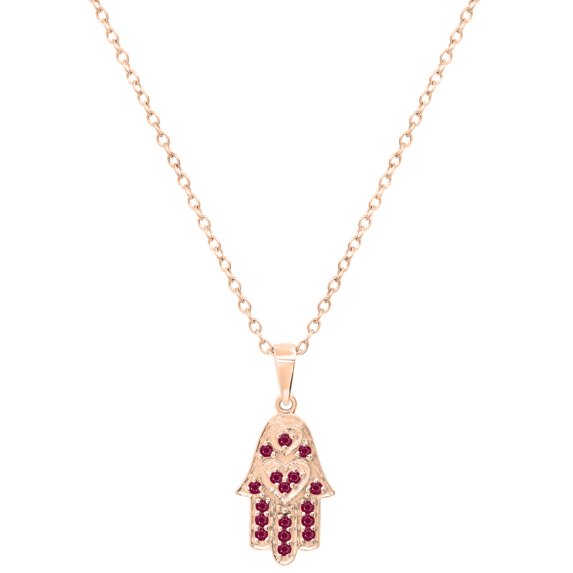 Dazzlingrock Collection Round Ruby Hamsa Hand Double Heart Dainty Pendant for Women with 18 Inch Gold Chain (Color Red, Clarity Highly Included) in 10K Rose Gold