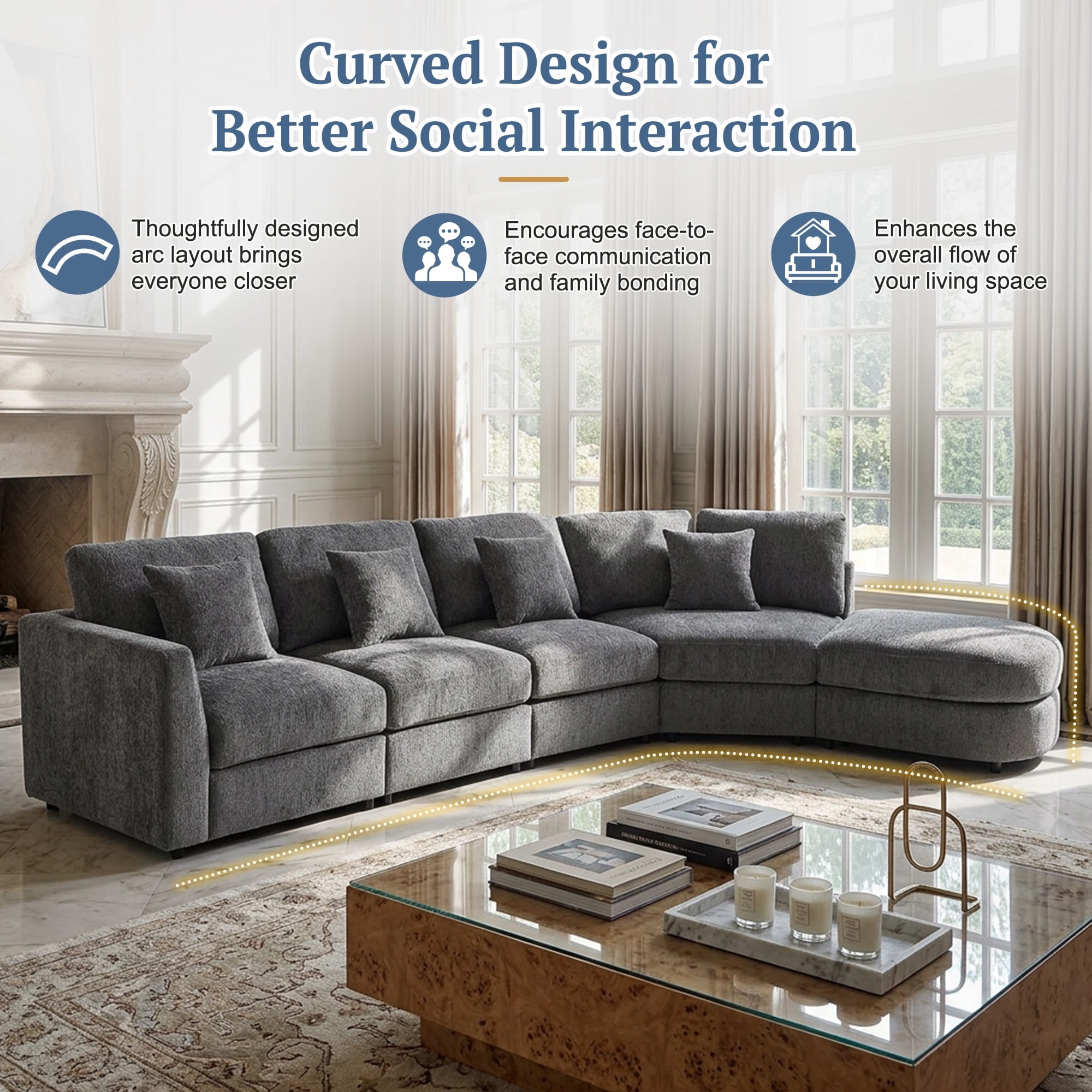 Howcool Oversized 160.4"W Curved Modular Sectional Sofa,5-Seater Deep Seat Chenille Cloud Sofa Couch with 4 Throw Pillows for Living Room,Gray