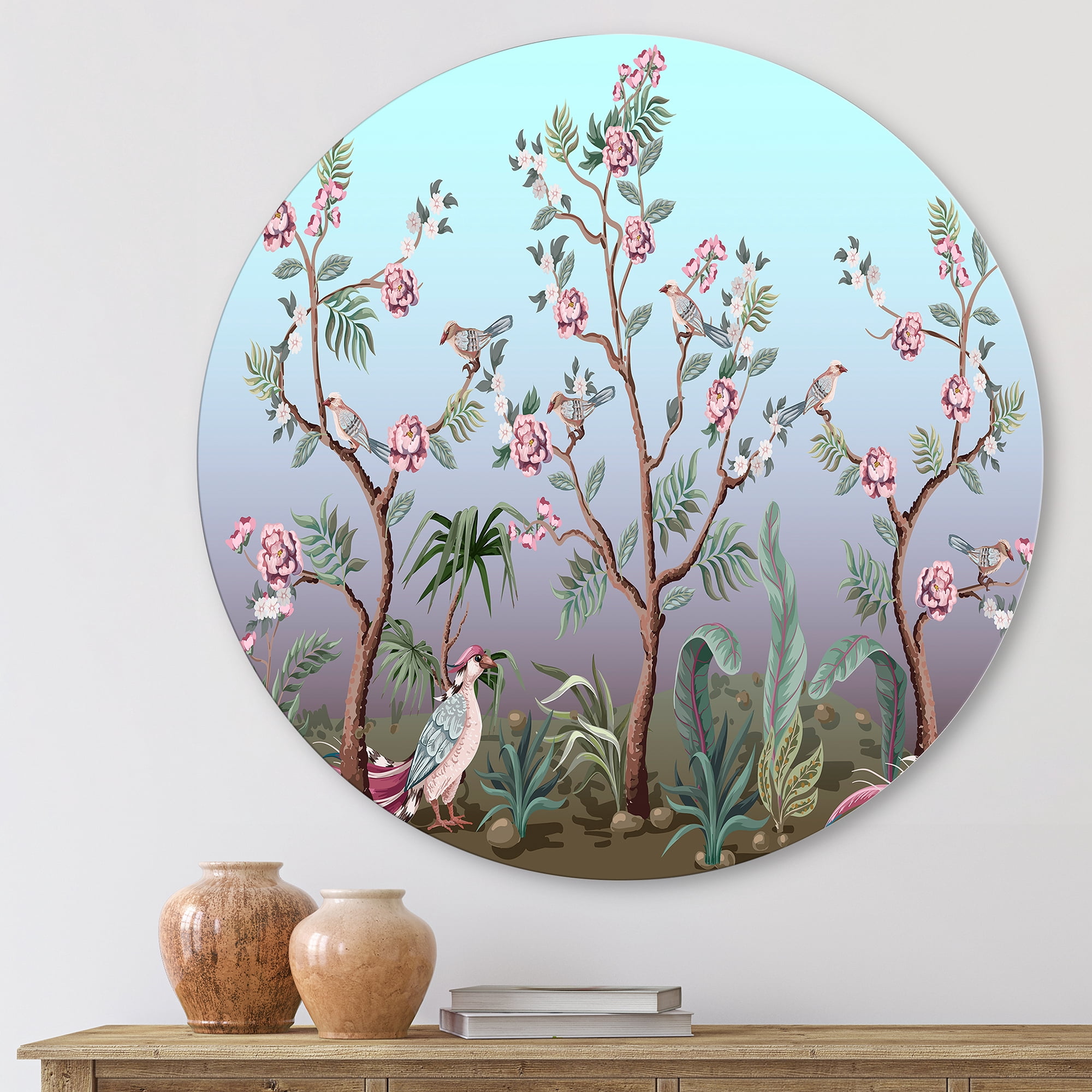 Designart 'Chinoiserie With Peonies and Birds II' Traditional Circle Metal Wall Art 23x23 - Disc of 23