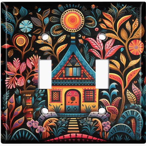 Metal Light Switch Wall Plate Outlet Cover (Printed Image of Vibrant House Folk Art - Double Toggle)