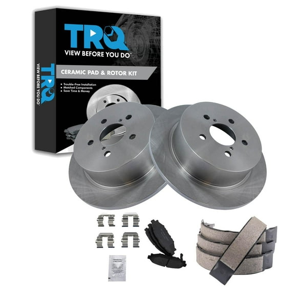 TRQ Rear Brake Pad & Rotor Kit Brake Pads Brake Rotor Parking Brake Shoe Set Ceramic Fits Select 2005-2009 Subaru Legacy Outback