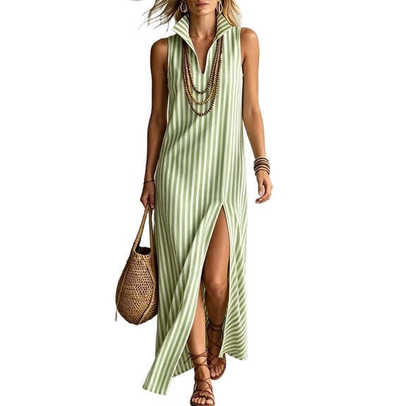 ZQUUVOU Women's Sleeveless Striped Maxi Dress Stand Collared V Neck High Slit Hem Casual Shift Dress Summer Vacation Outfits Olive Green