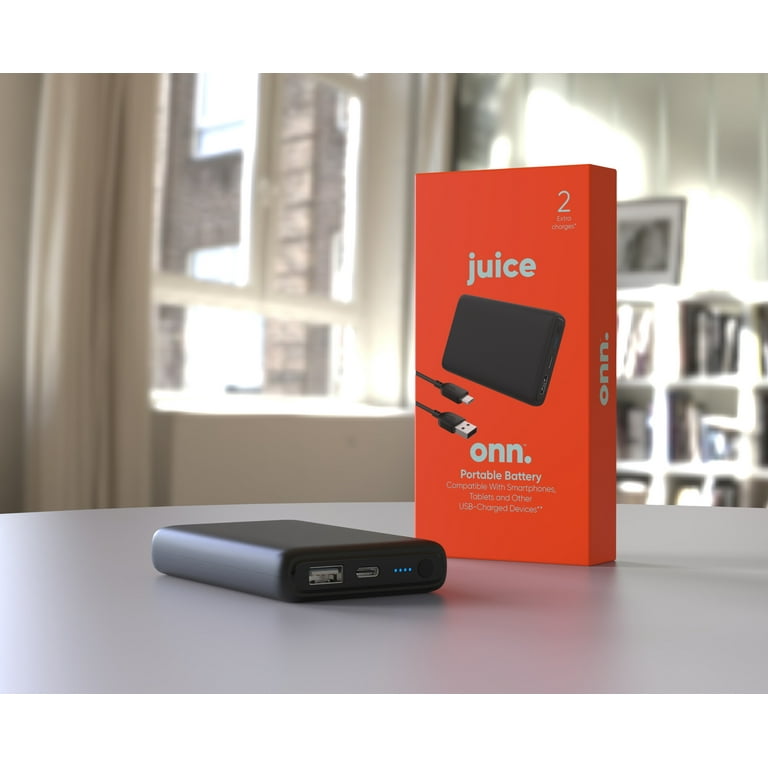 onn. 8000mAh Portable Battery, Power Bank with USB A to C Charging Cable, LED Indicator, Black