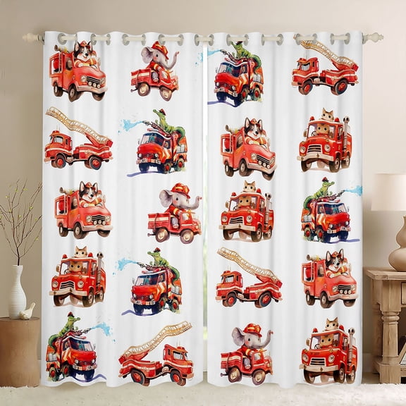 Castle Fairy Watercolor Fire Truck Black Out Curtains for Teens, Animal Driver Print Curtains Pack of 2 (42x63 Each) for Toddler Bedroom, Red White